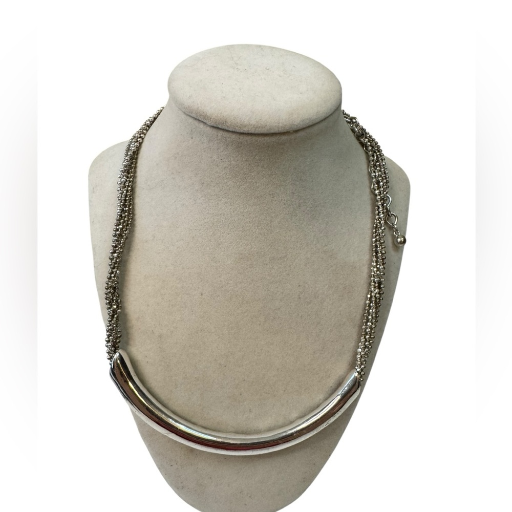 Chico’s Silver-Tone Multi-Strand Ball Chain Necklace‎ Curved Bar Pendant Y2K